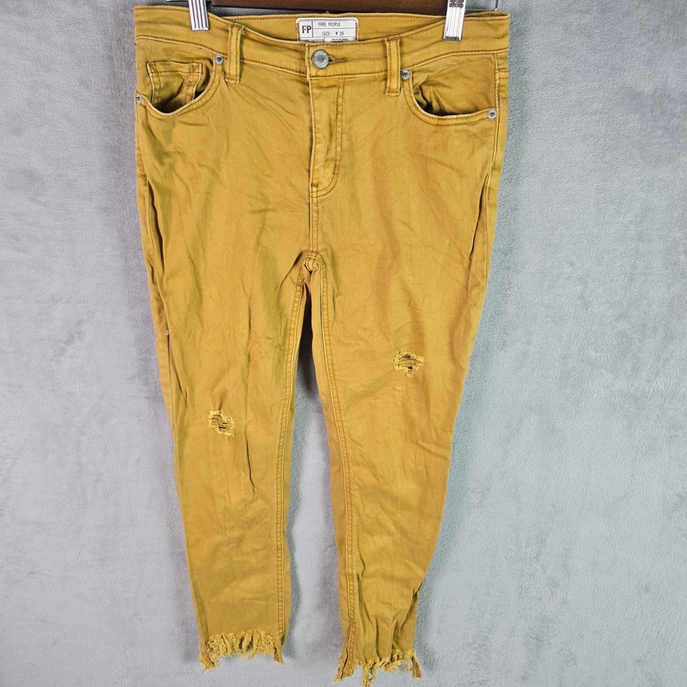 Free People‎ Women's Mustard Yellow Distressed Frayed Hem Skinny Jeans Size 26